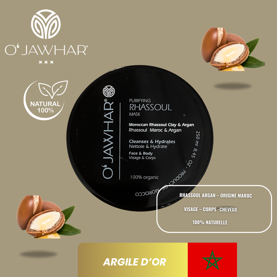 Masque au Rhassoul et à l'huile d'argan O'Jawhar - soin naturel pour visage, corps et cheveux, fabriqué au Maroc