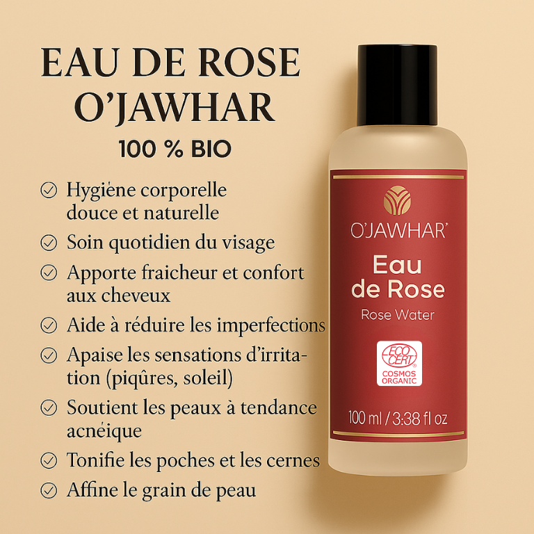 Bienfaits de l’Eau de Rose O’Jawhar listés en français avec flacon certifié COSMOS ORGANIC.