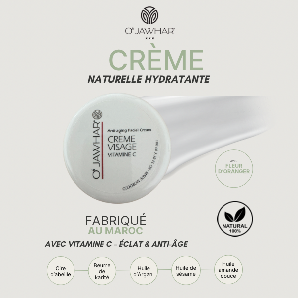 Crème visage O’Jawhar à la vitamine C – soin hydratant et anti-âge naturel, fabriqué au Maroc, à base d’ingrédients bio comme le beurre de karité et l’huile d’argan.