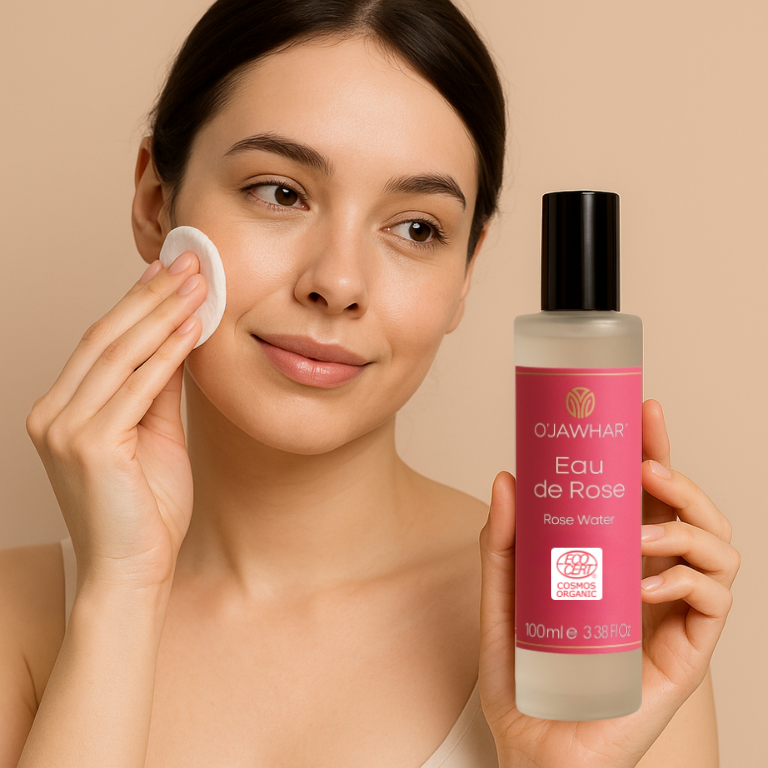 Jeune femme appliquant l’Eau de Rose O’Jawhar sur son visage avec un coton, flacon certifié en main.