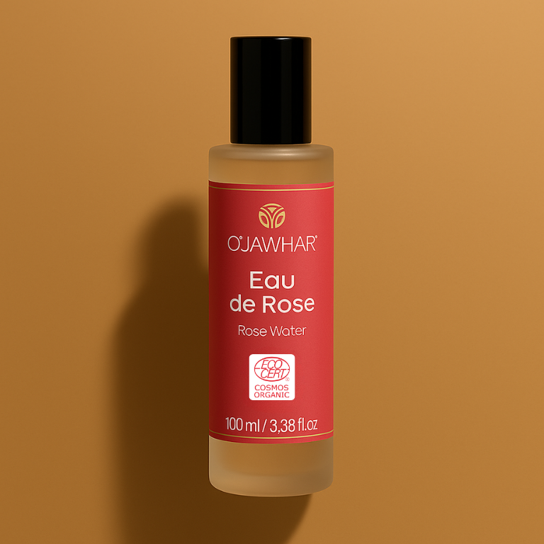 Flacon d’Eau de Rose O’Jawhar 100 % BIO certifiée Ecocert, posé sur fond ocre avec lumière douce.