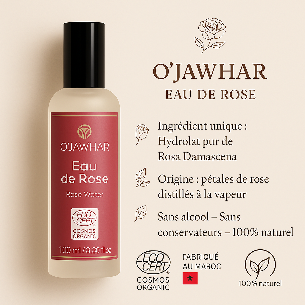 Eau de Rose O’Jawhar avec composition naturelle, origines, et logos ECOCERT, Maroc et 100 % naturel.