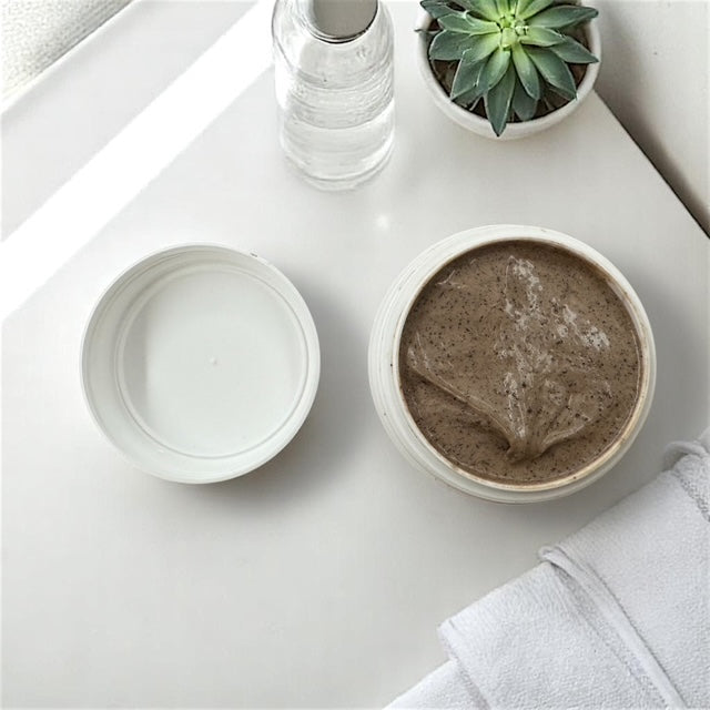 Pot ouvert de gommage Argan & Café O’Jawhar – texture exfoliante naturelle au café.