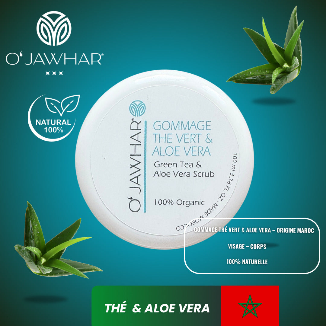 Vidéo de démonstration du gommage naturel au thé vert & aloe vera – exfoliation douce et hydratation profonde.