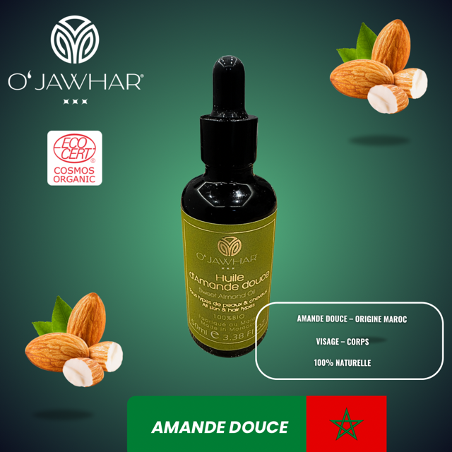 Huile d’amande douce O’Jawhar avec texte promo – soin hydratant et nourrissant naturel.
