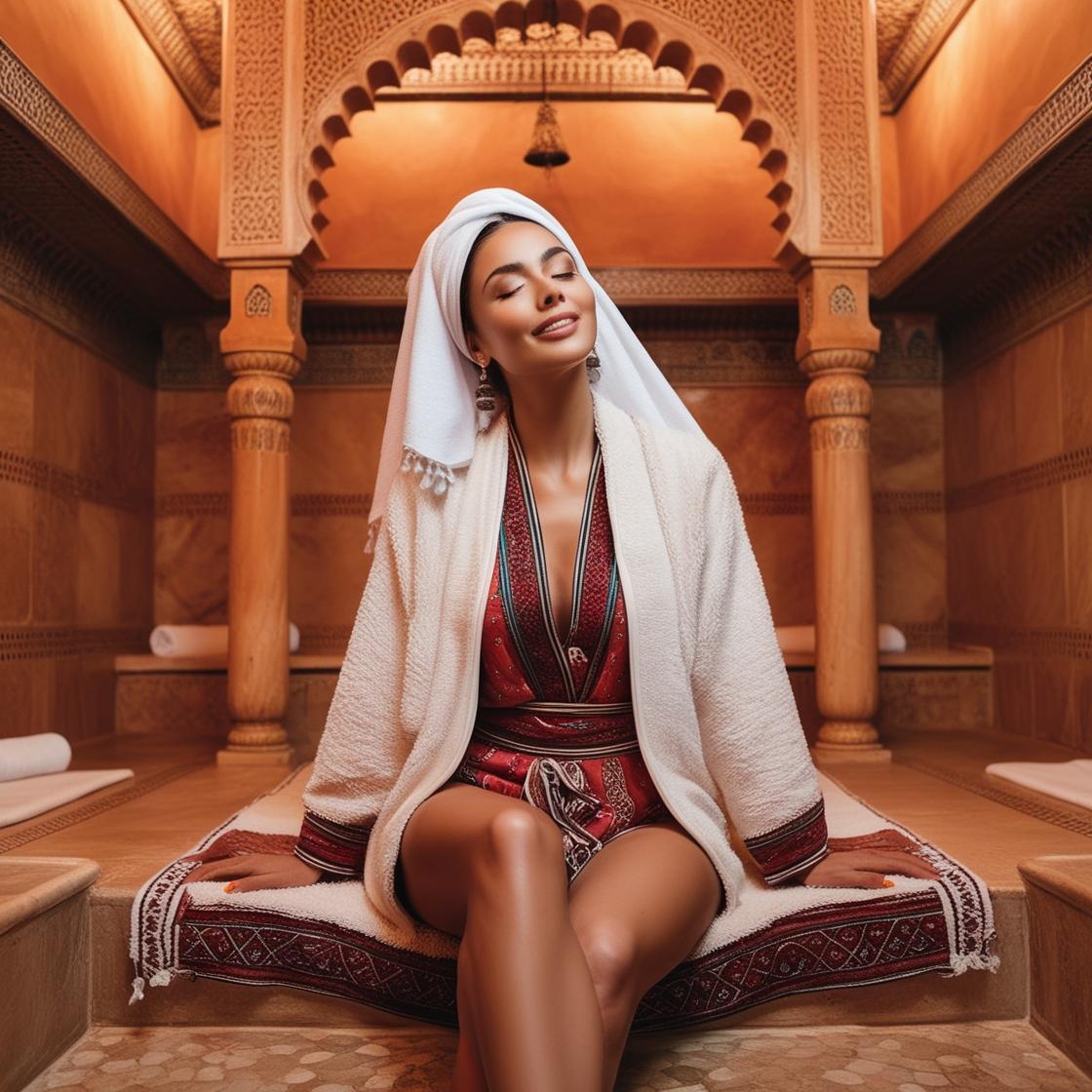 Femme souriante en hammam marocain, prête pour un soin exfoliant naturel O'Jawhar à base de gommage traditionnel.