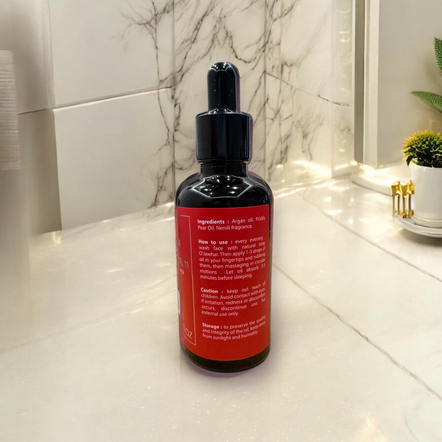 Ingrédients et instructions du sérum visage O’Jawhar – Argan, figue de barbarie et néroli – soin naturel du Maroc