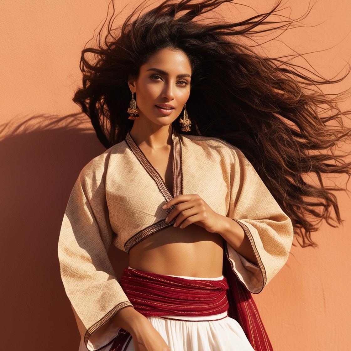 Femme marocaine aux cheveux longs et brillants, soins capillaires naturels O'Jawhar pour vitalité et beauté oriental.
