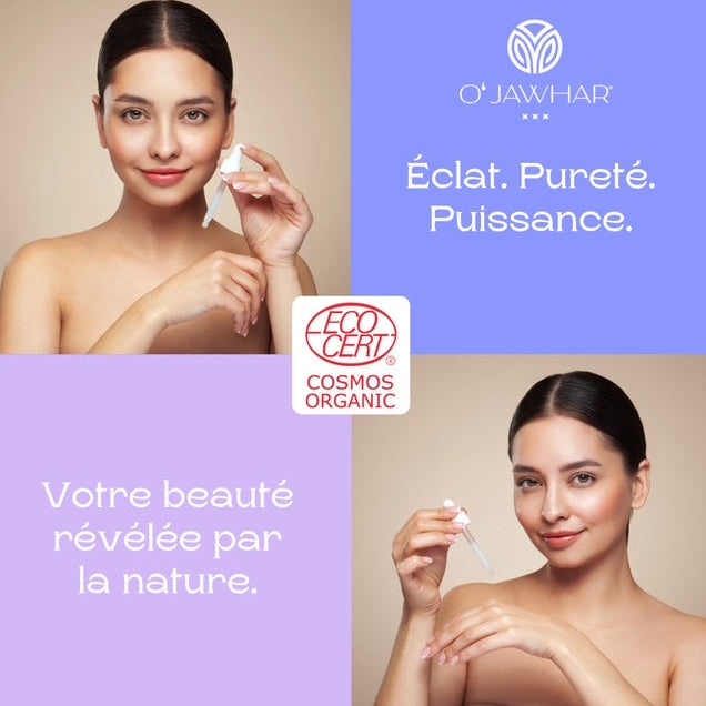 Visuel de marque O’Jawhar mettant en avant la beauté naturelle avec des femmes utilisant un soin cosmétique certifié ECOCERT – slogan “Éclat. Pureté. Puissance” et “Votre beauté révélée par la nature”.
