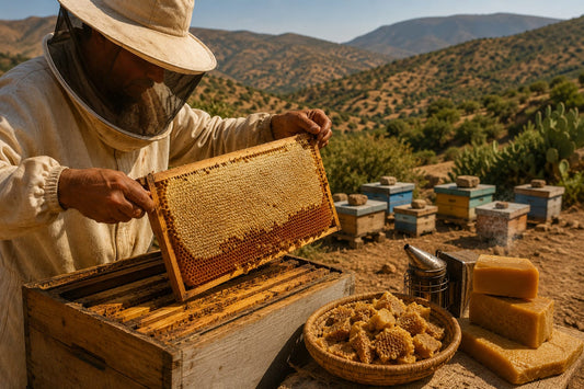 Récolte artisanale de cire d'abeille naturelle à Aït Baâmrane au Maroc : apiculteur, ruches, cadres de cire et pains de cire filtrée O'Jawhar.