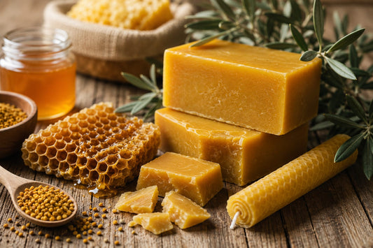 Cire d'abeille naturelle du Maroc avec rayons de miel, pain de cire artisanale d'Aït Baâmrane, pollen et chandelle en cire d'abeille sur une table en bois à Mirleft.