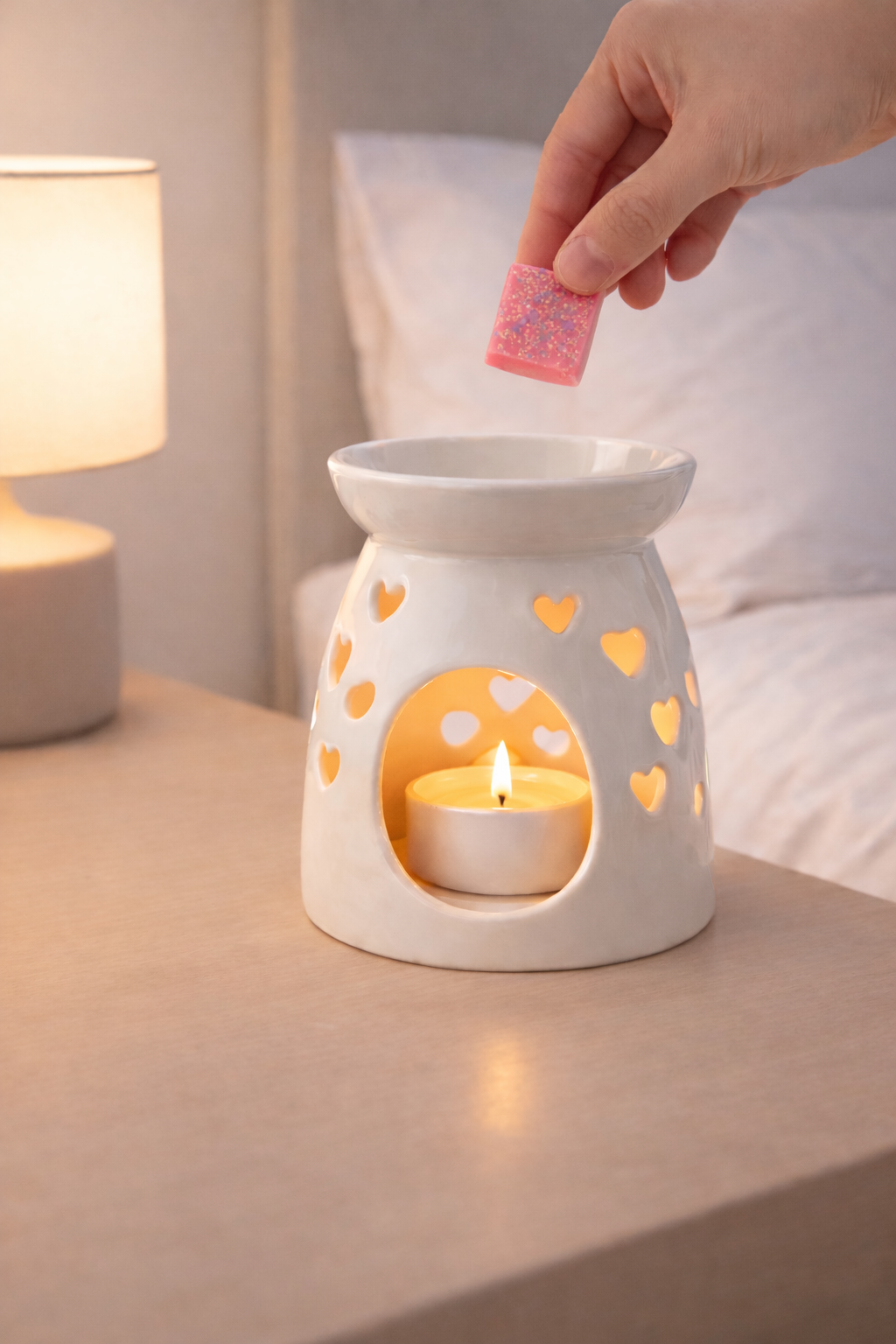 Sachet tablette de fondant parfumé et fondant suspension O’Jawhar présenté sur un petit podium, cire de soja naturelle, parfumé main pour ambiance maison raffinée.