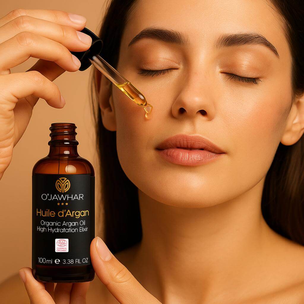 Femme appliquant de l’huile d’argan pure O’Jawhar certifiée Ecocert sur son visage, soin naturel et nourrissant pour la peau.