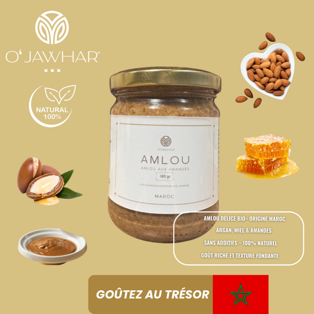 Amlou bio du Maroc O’Jawhar - pâte à tartiner naturelle à base d’argan, miel et amandes, certifiée Ecocert