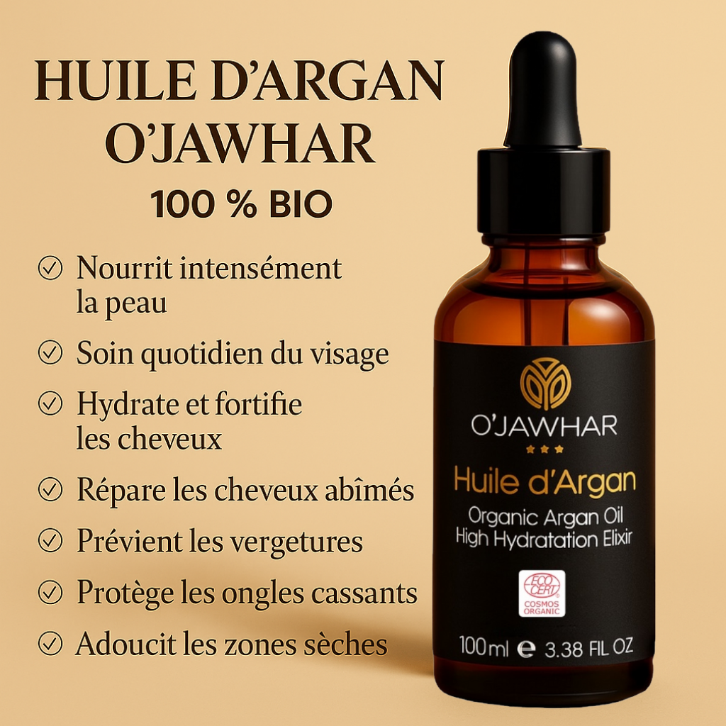 Huile d’Argan Bio – 100 % Pure, Visage, Corps & Cheveux