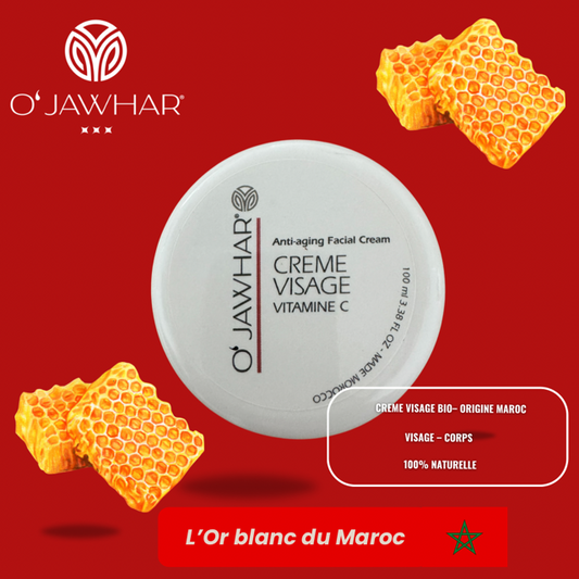 Crème visage O’Jawhar à la vitamine C – soin hydratant et anti-âge naturel, fabriqué au Maroc, à base d’ingrédients bio comme le beurre de karité et l’huile d’argan.