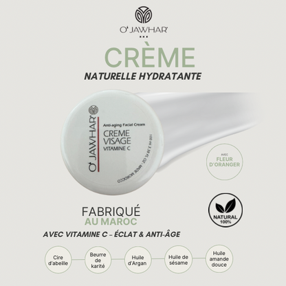 Crème visage O’Jawhar à la vitamine C – soin hydratant et anti-âge naturel, fabriqué au Maroc, à base d’ingrédients bio comme le beurre de karité et l’huile d’argan.