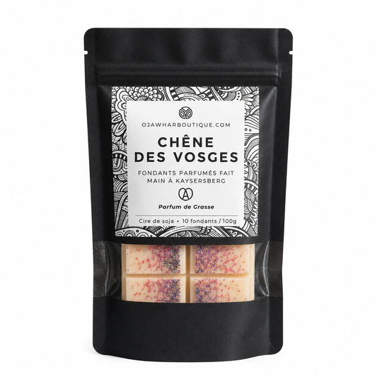 Fondants parfumés Chêne des Vosges O’JAWHAR en sachet noir avec cire de soja et parfum de Grasse sur fond blanc
Photo tablettes