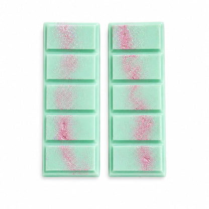 Tablettes de fondants parfumés Fleur d’Oranger vert pastel avec éclats roses scintillants sur fond blanc