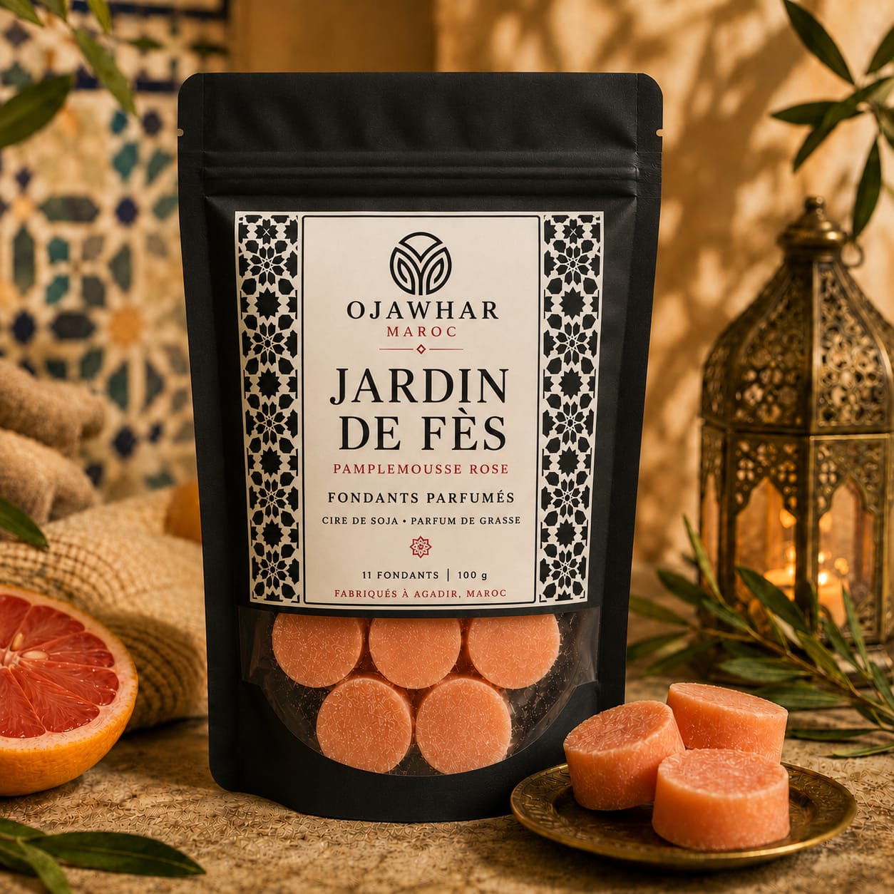 Fondants parfumés Jardin de Fès au pamplemousse rose fabriqués à Agadir par O’Jawhar Maroc