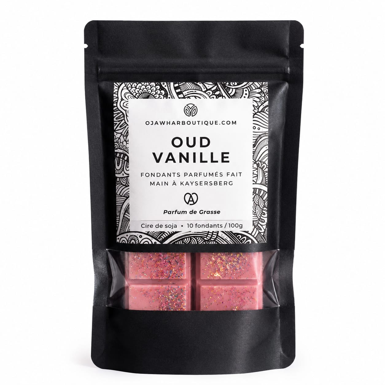 Fondants parfumés Oud Vanille O’JAWHAR en sachet noir avec cire de soja et parfum oriental sur fond blanc