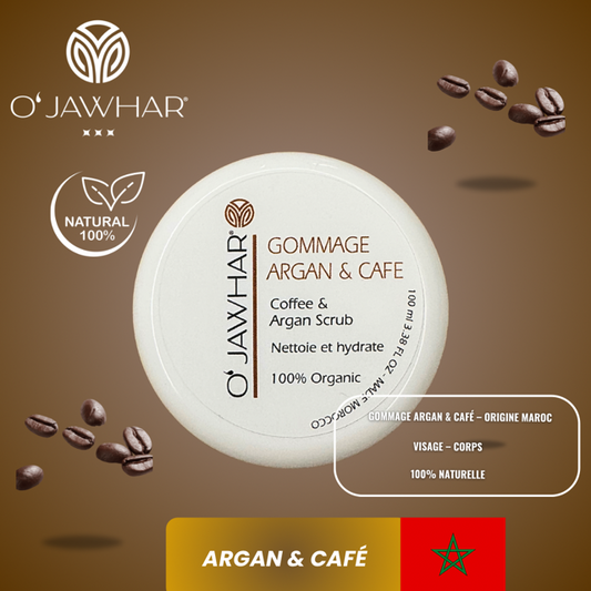 Vue de face du pot de Gommage Argan & Café O’Jawhar – 100 % Bio, nettoie et hydrate.