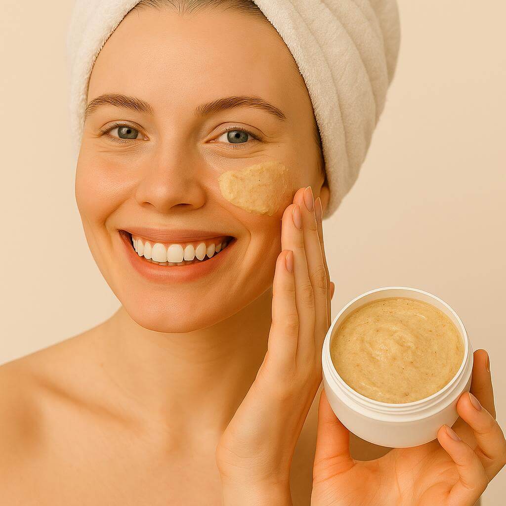 Femme souriante appliquant le gommage miel et argan O’Jawhar sur son visage – soin exfoliant de luxe, douceur et éclat naturel.