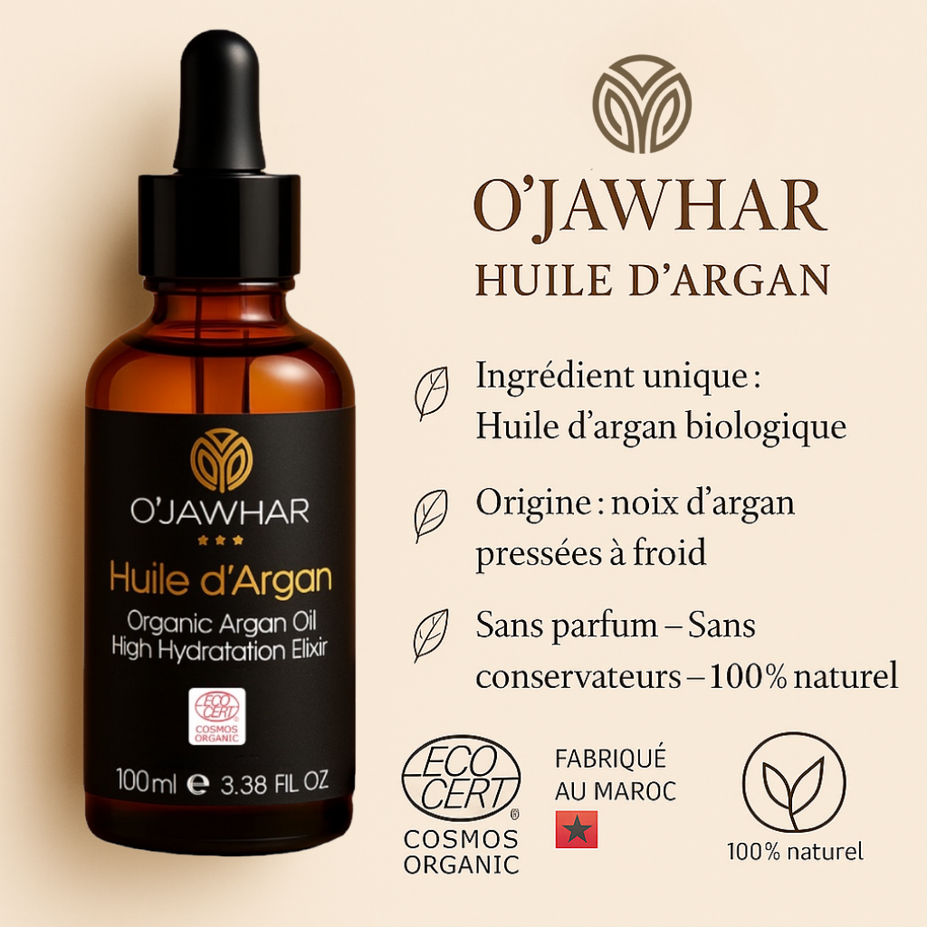 Huile d’Argan Bio – 100 % Pure, Visage, Corps & Cheveux
