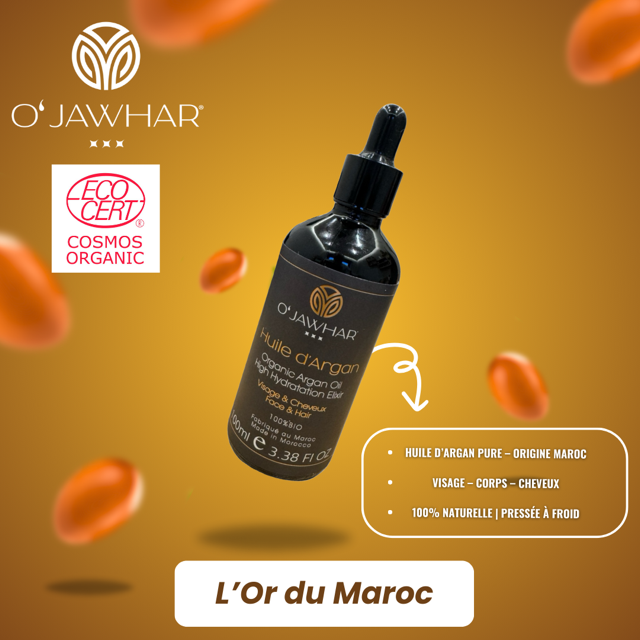 Flacon d’huile d’argan bio O’Jawhar certifiée ECOCERT – soin naturel visage, corps et cheveux, fabriqué au Maroc.