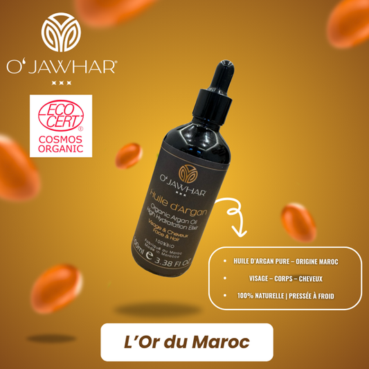 Flacon d’huile d’argan bio O’Jawhar certifiée ECOCERT – soin naturel visage, corps et cheveux, fabriqué au Maroc.