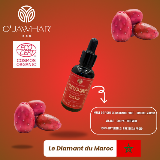 Huile de figue de barbarie bio O’Jawhar certifiée ECOCERT – soin anti-âge naturel pour visage, corps et cheveux – 100 % naturelle et pressée à froid – Le Diamant du Maroc
