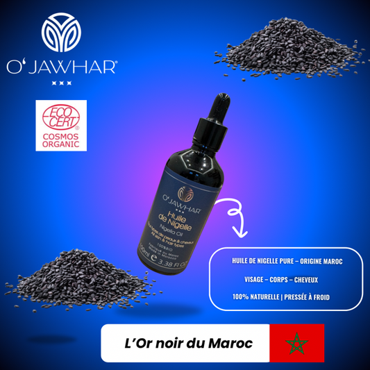 Huile de nigelle pure certifiée bio ECOCERT O’Jawhar – soin naturel visage, corps et cheveux – 100% pressée à froid – Origine Maroc – l’or noir du Maroc.