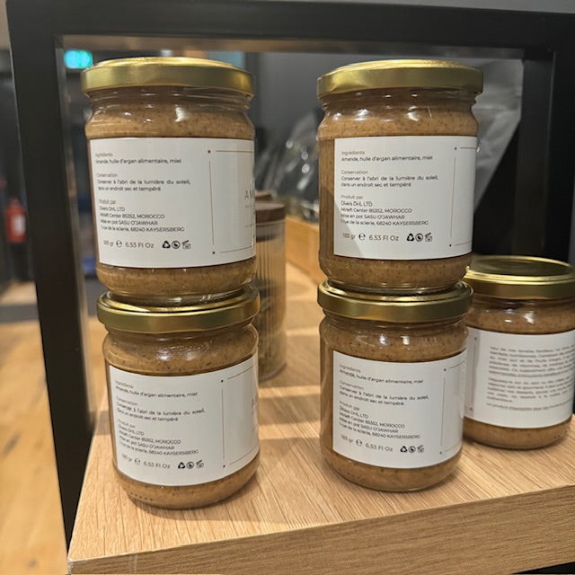 Ingrédients Amlou O’Jawhar - huile d’argan alimentaire, miel pur et amandes du Maroc