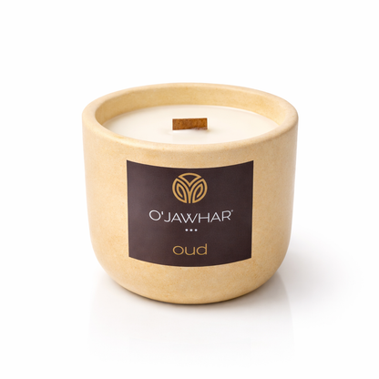Bougie parfumée oud en béton artisanale - cire de soja & mèche bois
