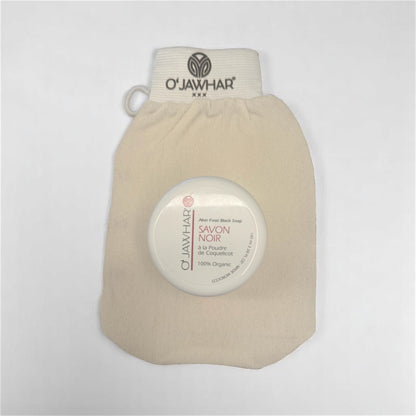 Duo O’Jawhar : Savon noir naturel à la poudre de coquelicot et gant Kessa blanc – Rituel de beauté marocain