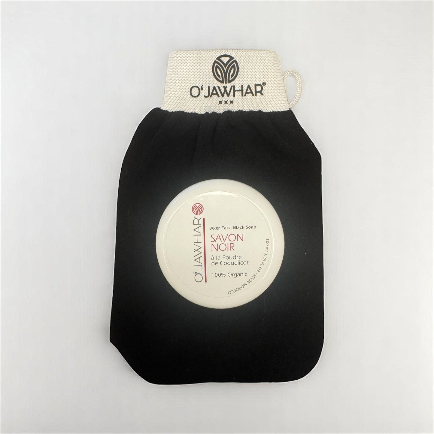 Duo O’Jawhar : Savon noir à la poudre de coquelicot et gant Kessa noir – Rituel hammam marocain