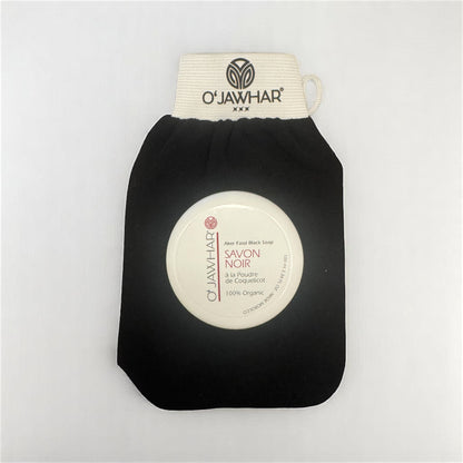 Duo O’Jawhar : Savon noir à la poudre de coquelicot et gant Kessa noir – Rituel hammam marocain