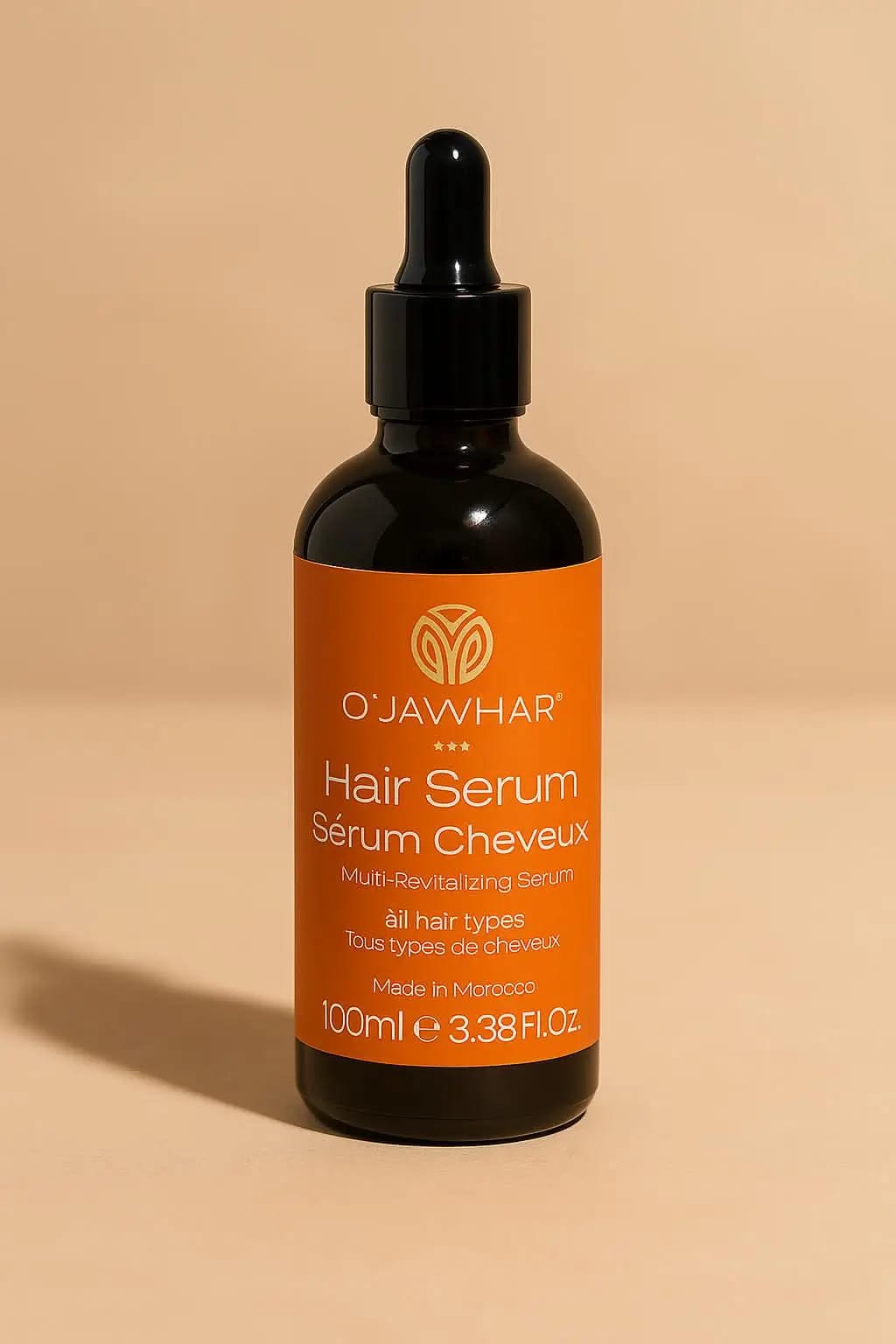 Sérum Cheveux & Barbe O’Jawhar – Flacon premium vu de face, soin naturel bio pour cheveux et barbe, huiles d’Amande Douce, Ricin, Avocat et Noix de Coco