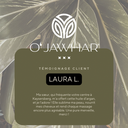 Avis client sur l’huile d’argan O’Jawhar – soin naturel offert depuis le centre de Kaysersberg.