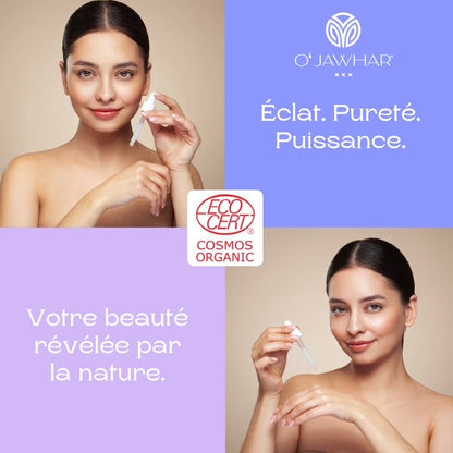 Visuel de marque O’Jawhar mettant en avant la beauté naturelle avec des femmes utilisant un soin cosmétique certifié ECOCERT – slogan “Éclat. Pureté. Puissance” et “Votre beauté révélée par la nature”.
